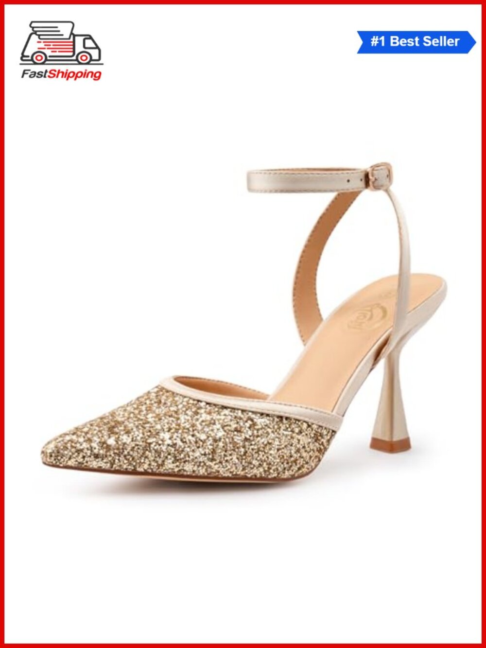 Slingback Pointed Toe Stiletto Heels 3.35" Ankle Strap Glitter Pumps Work Party